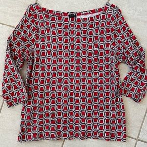 Talbots Boat Neck 3/4 Sleeve Top with Black/White Rope print on Red Background